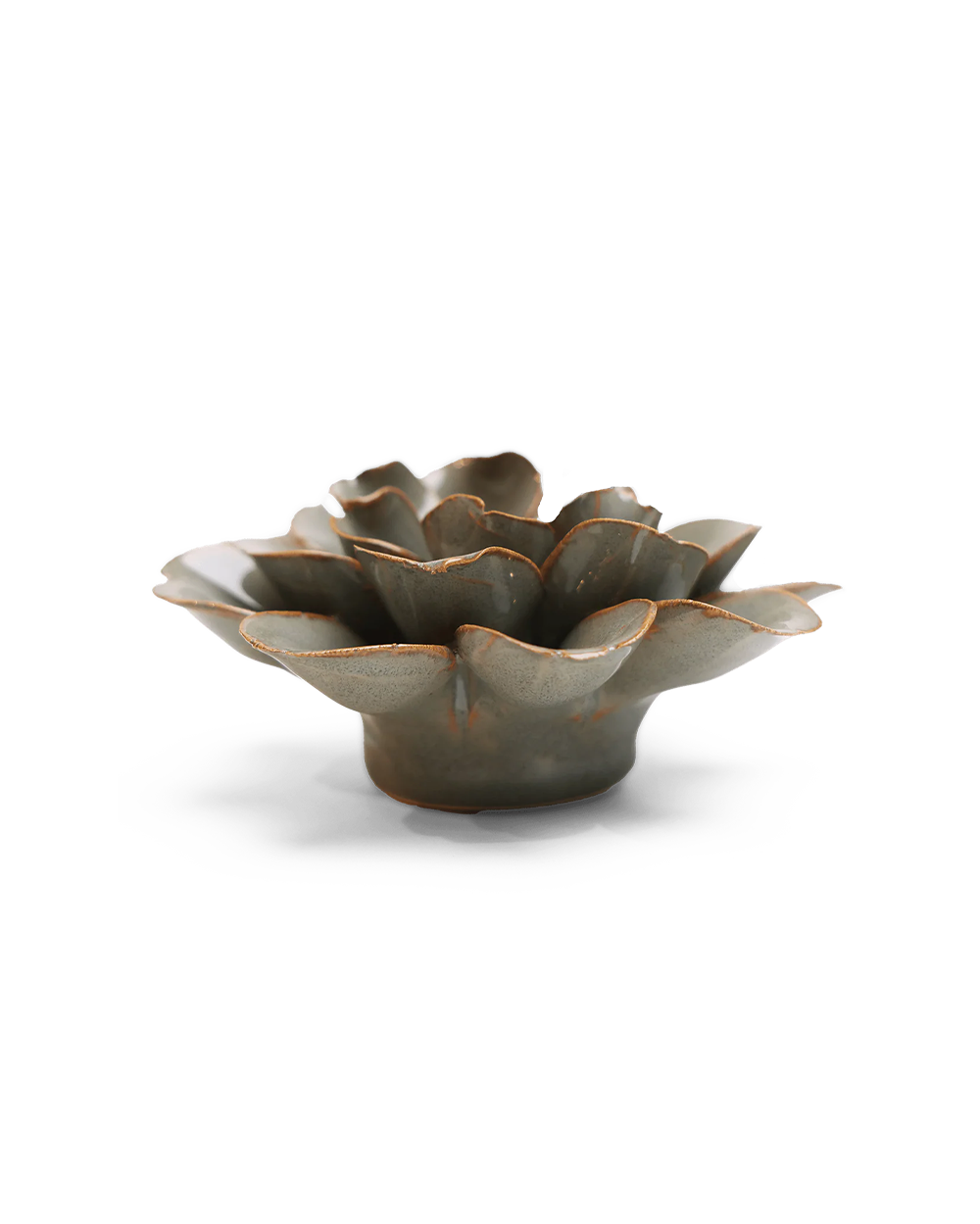 A ceramic flower-shaped bowl with a textured, petal-like surface and a rustic brown glaze, photographed on a clean white background.