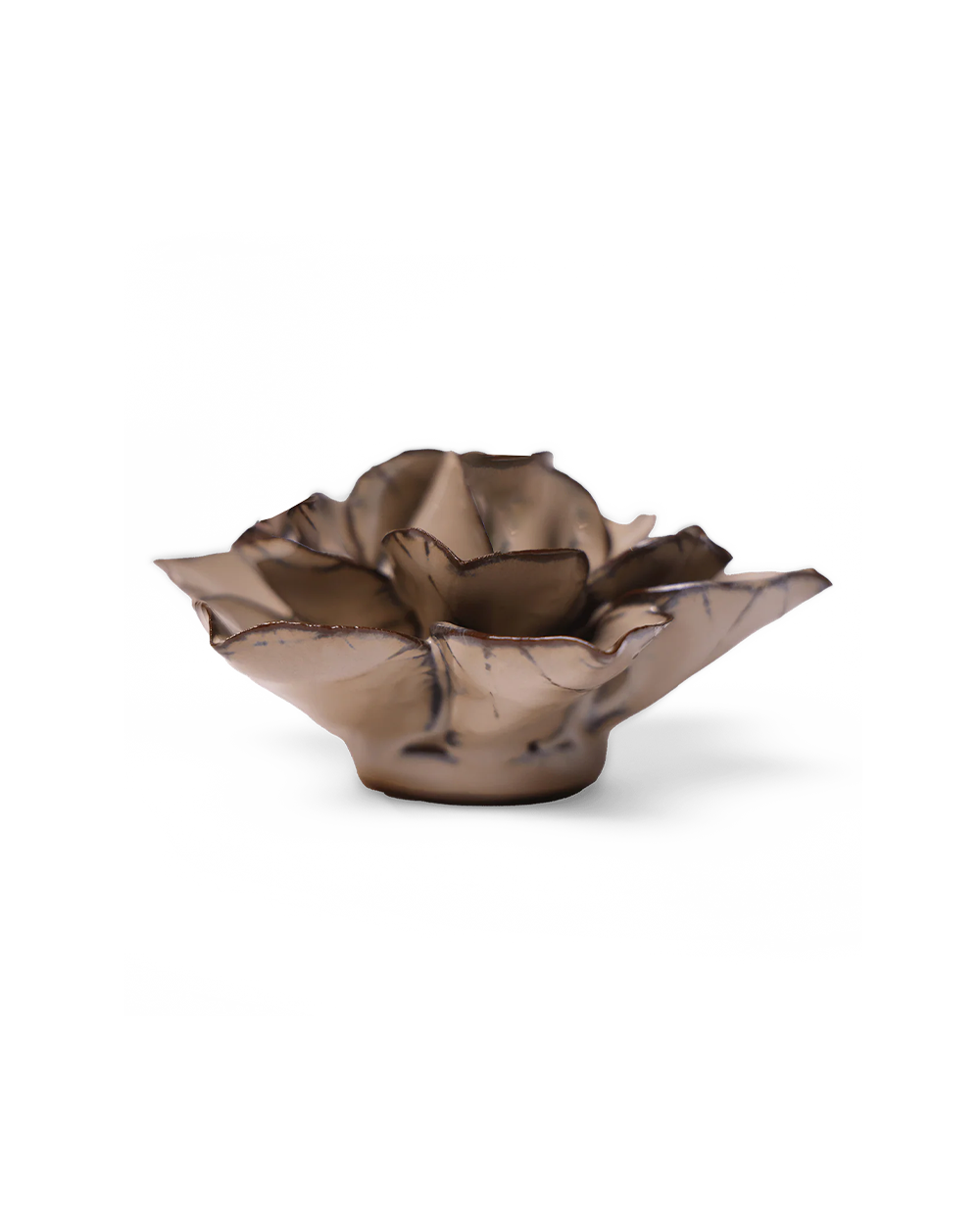 A metallic bronze flower-shaped bowl with a textured, petal-like design, photographed on a clean white background.