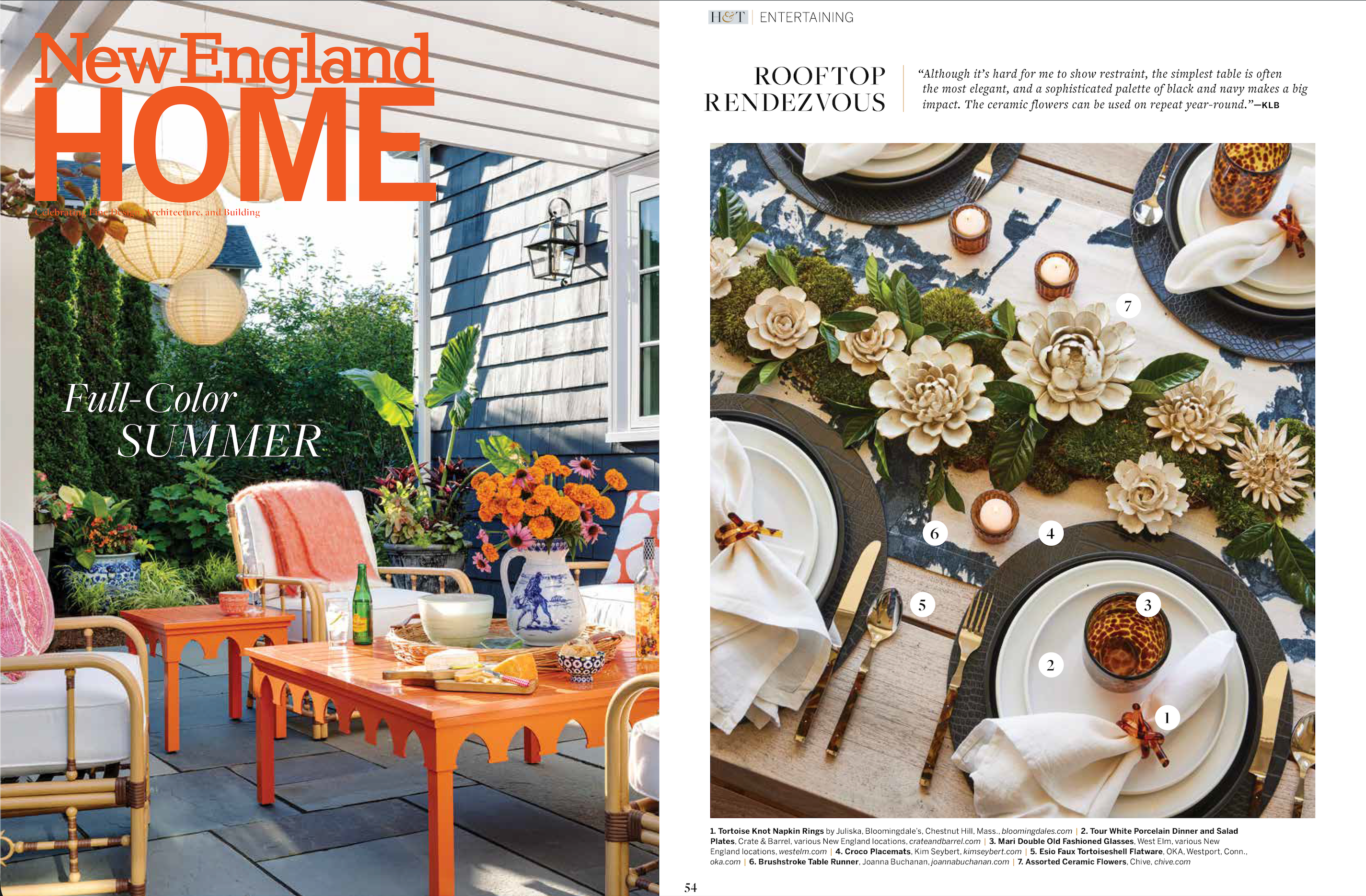 New England Home magazine editorial featuring Chive Studio white ivory Coastal Collection ceramic flowers — summer issue