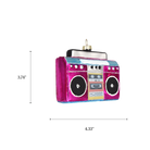 Chive glass boombox ornament with a dimension diagram showing its retro rectangular size.