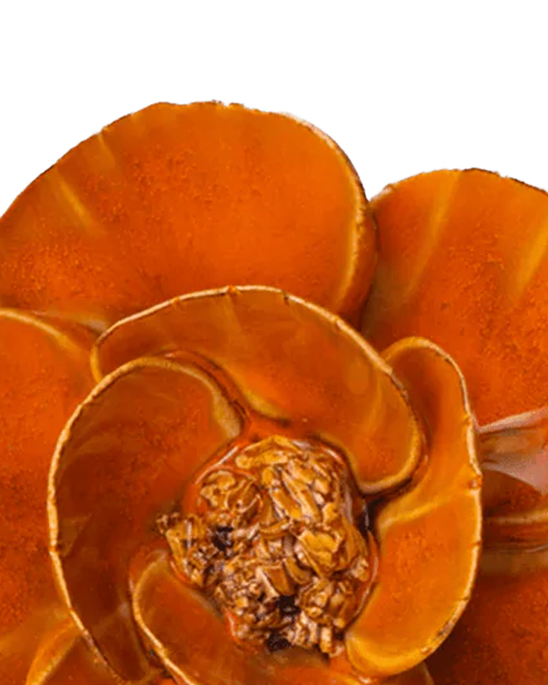 Close-up detail of handmade ceramic burnt orange poppy flower petals individually shaped by artisan, Chive ceramics Toronto, no molds used