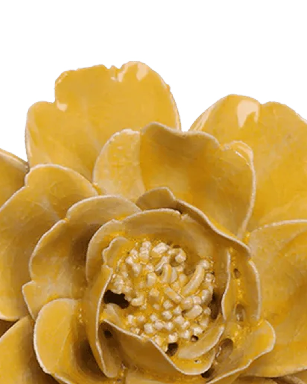 Close-up detail of handmade ceramic burnt yellow rose flower petals individually shaped by artisan, Chive ceramics Toronto, no molds used