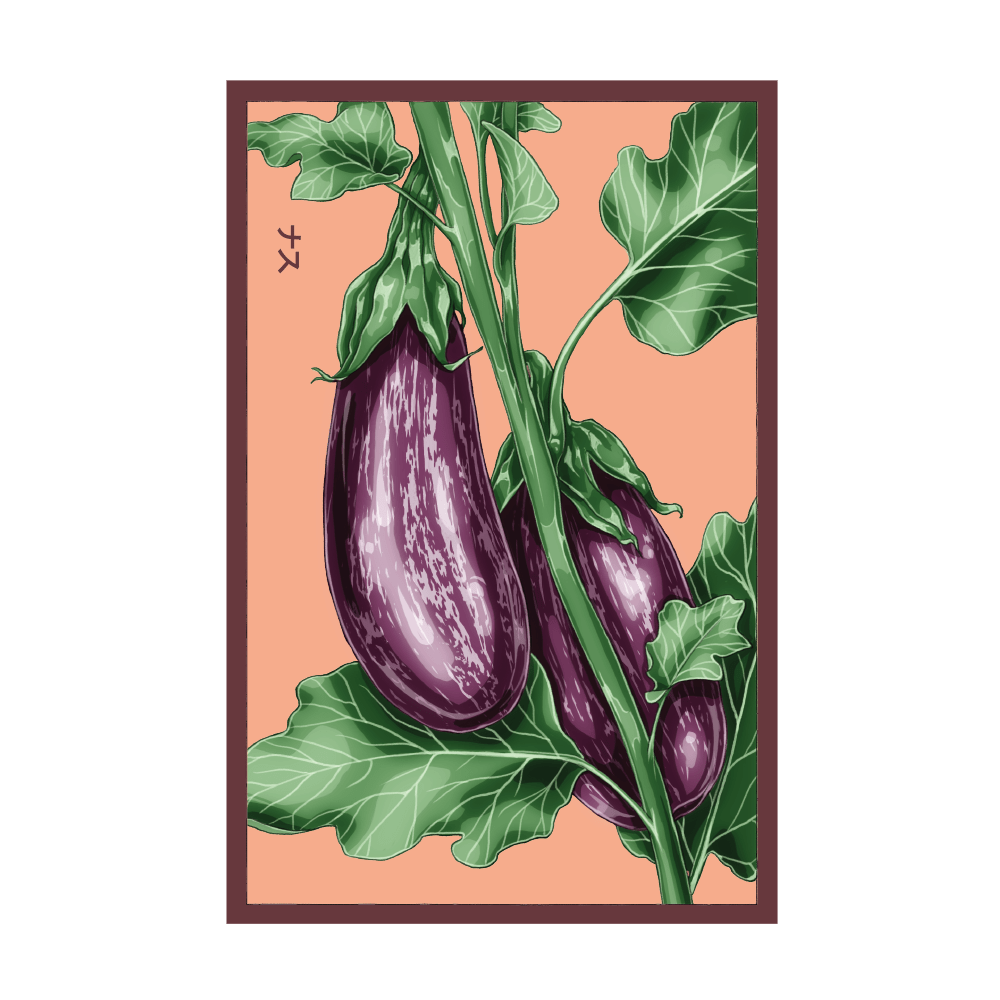 Aubergine Jewel Marble F1 seed packet - Shido Seeds non-GMO woodblock design