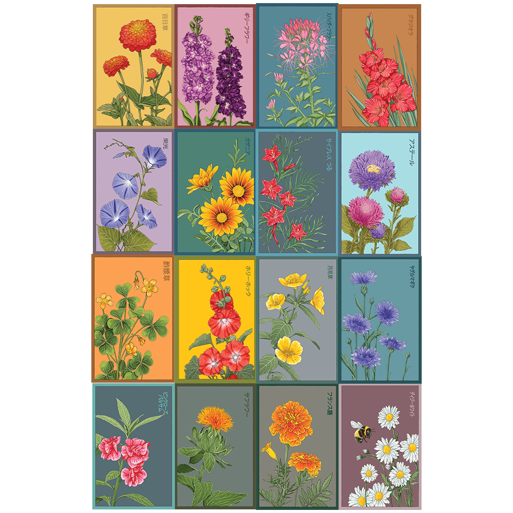 Flowers Seed Bundle 39pc - Shido Seeds non-GMO vacuum-sealed woodblock design