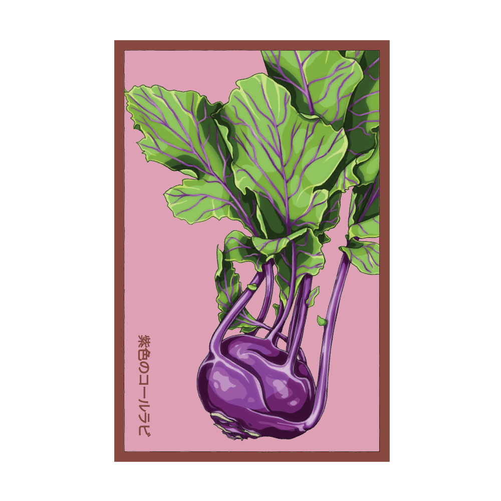 Kohlrabi Purple Delicacy seed packet - Shido Seeds non-GMO woodblock design