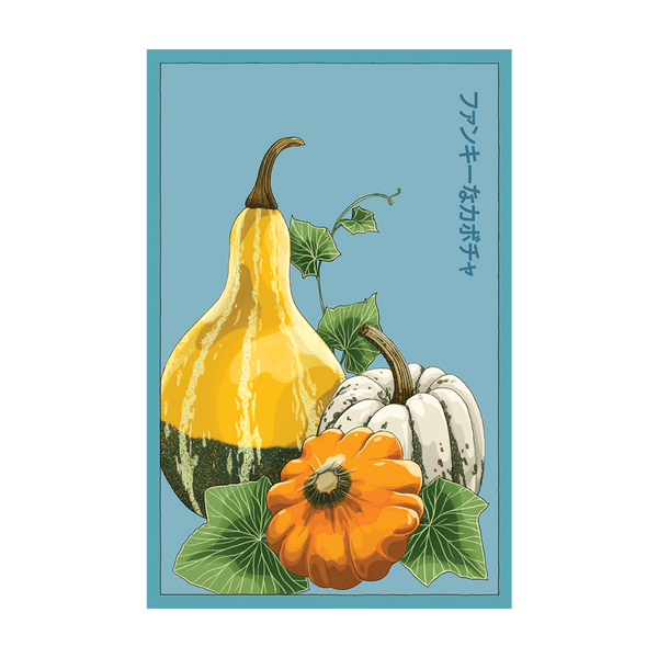 Funky Squash seed packet - Shido Seeds non-GMO vacuum-sealed woodblock design