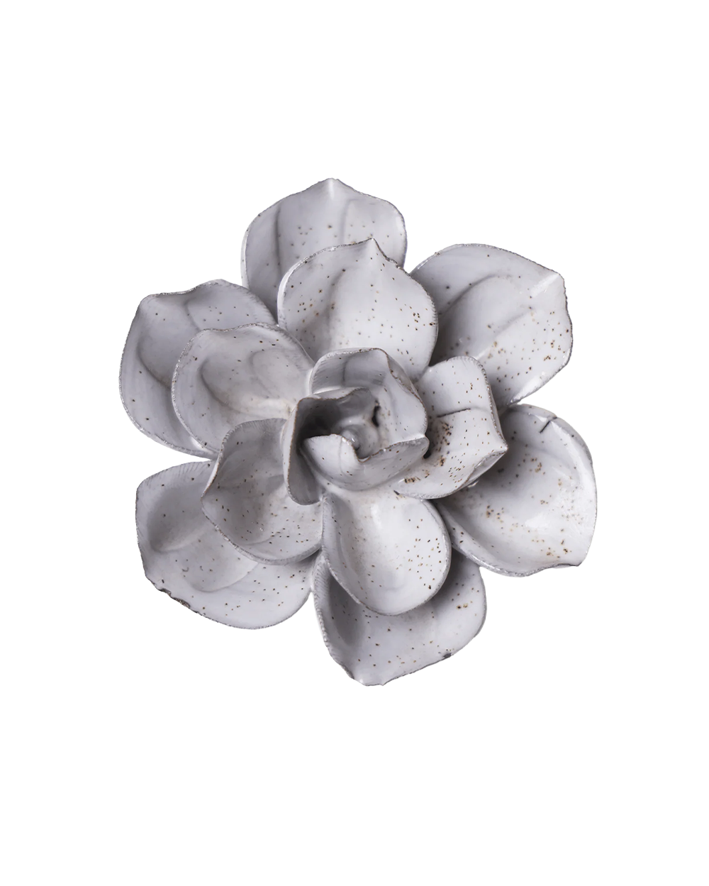 A ceramic succulent flower figurine with textured, speckled off-white petals, shown from a top-down perspective on a solid white background.