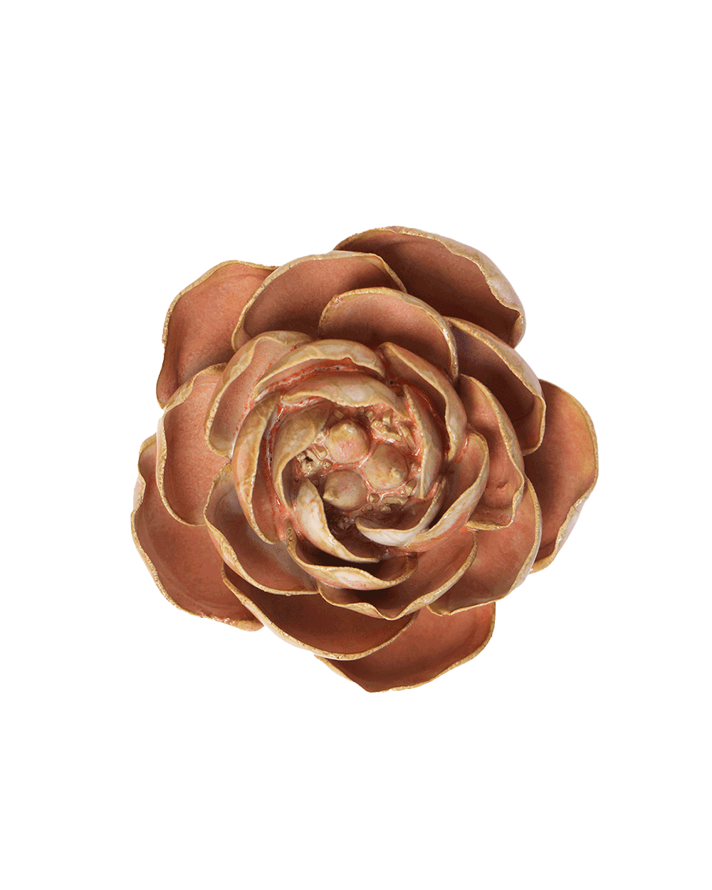 A single artificial rose-shaped flower with layered petals in a warm coppery brown color, isolated on a solid white background.