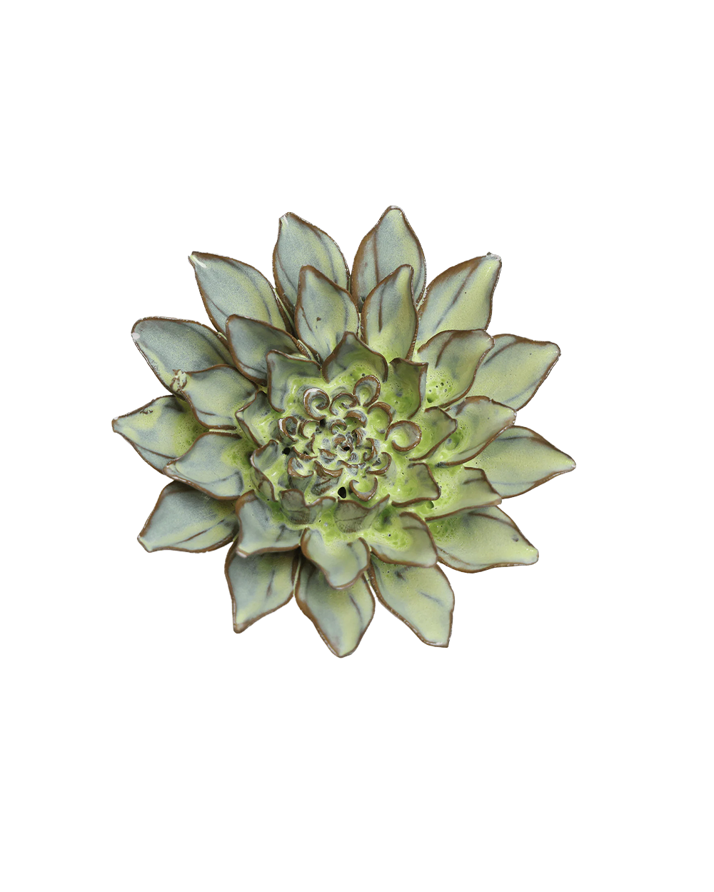 A decorative metal rose-shaped succulent wall hanging with a detailed green and silver-gray leaf design, isolated on a white background.