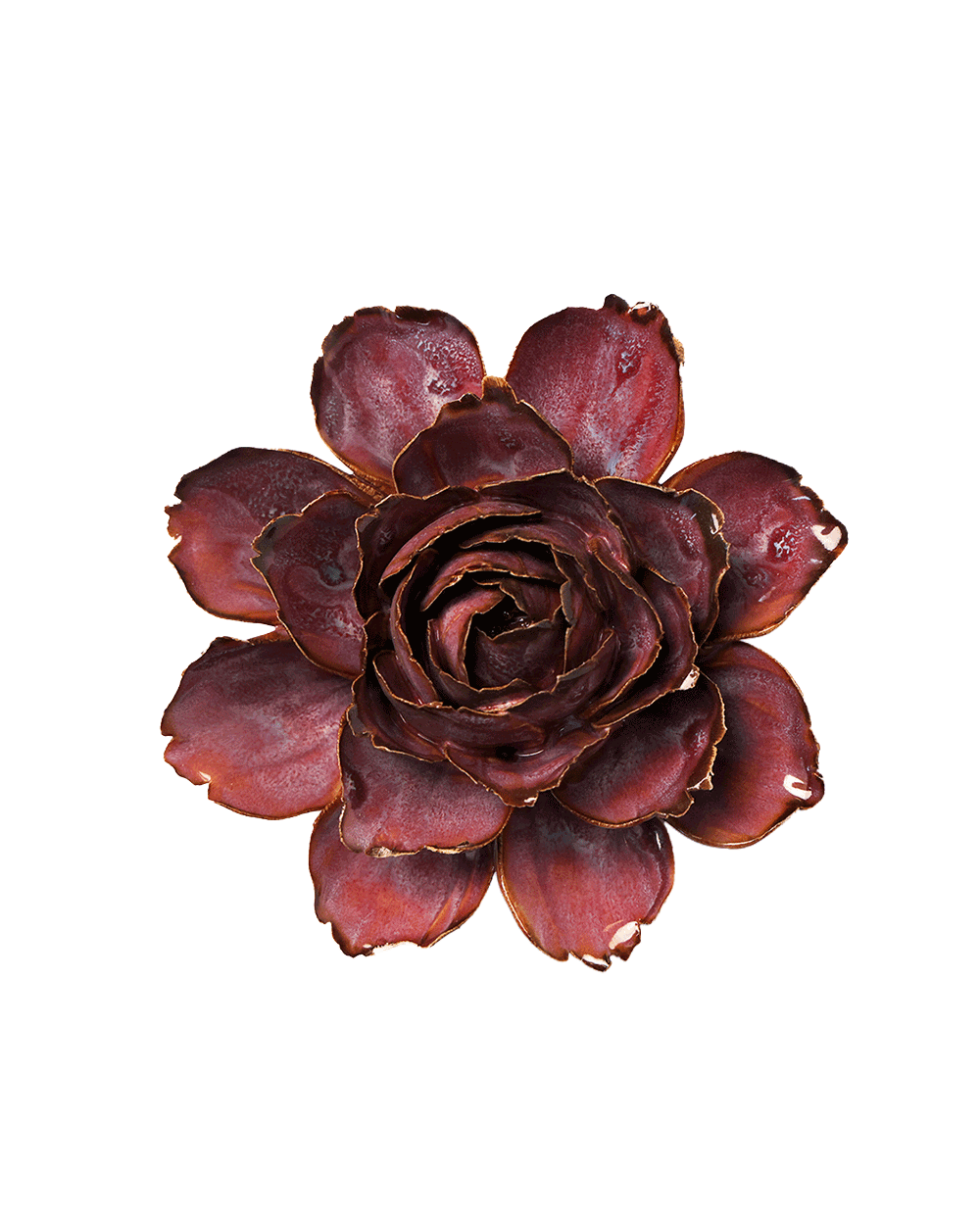 A single artificial flower bloom with dark burgundy petals and subtle gold edging, photographed against a plain white background.