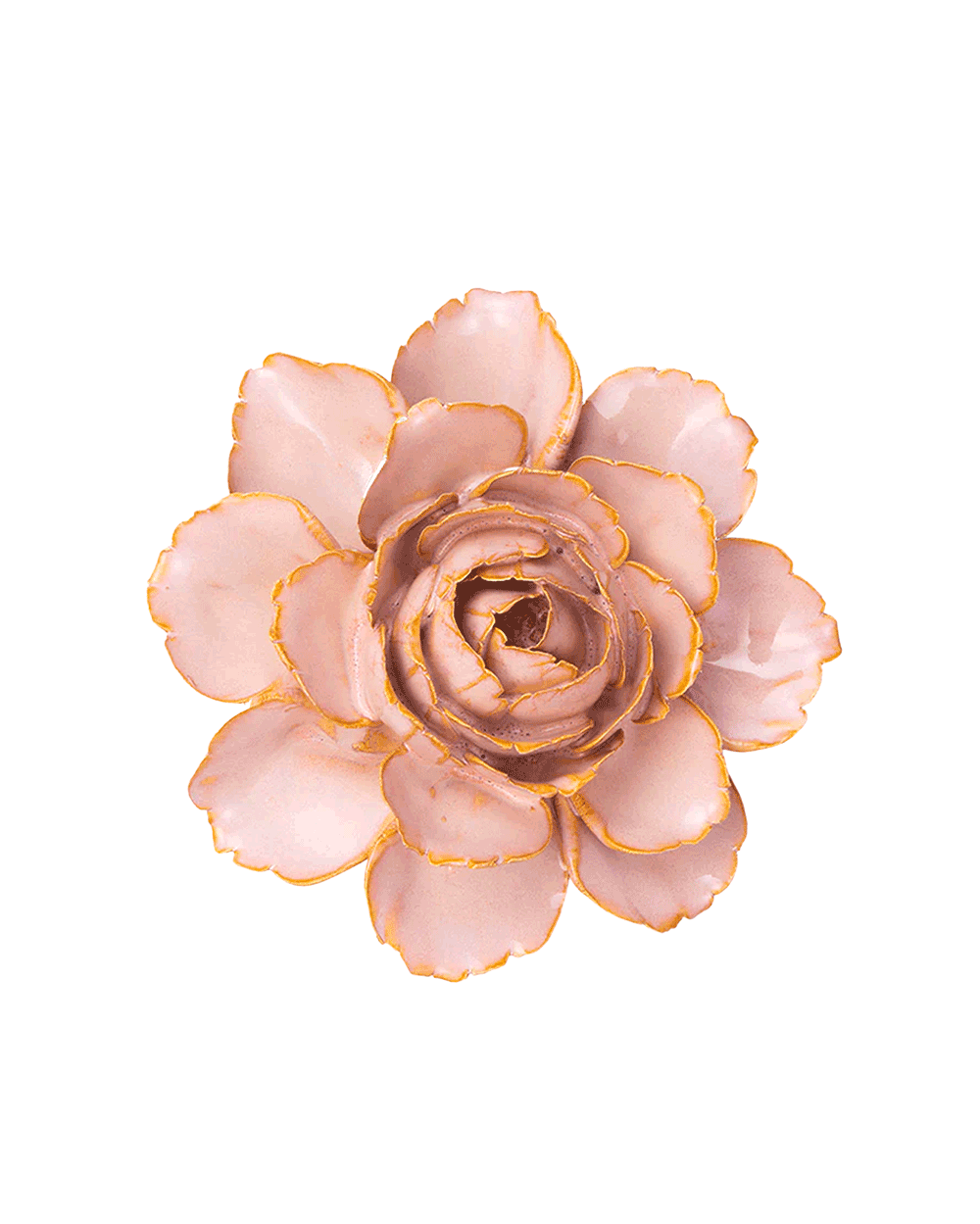 A single artificial flower bloom with pale blush pink petals and metallic gold edging, photographed from above on a plain white background.