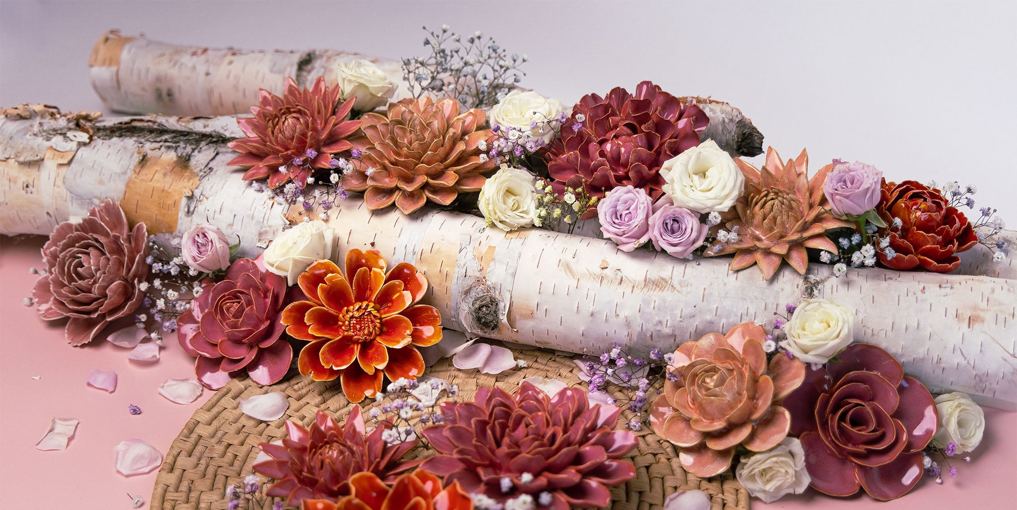 France Collection ceramic wall flowers styled on a birch log with real flowers — Chive Studio