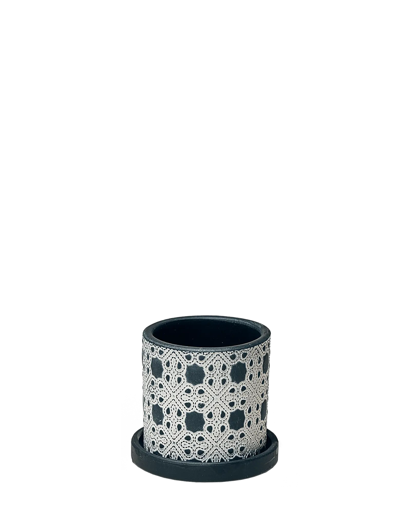Chive Balter black lattice ceramic planter with an embossed white lace lattice pattern and matching saucer.