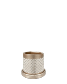 Chive Balter ceramic planter in gold with an embossed diamond lattice pattern and matching saucer.