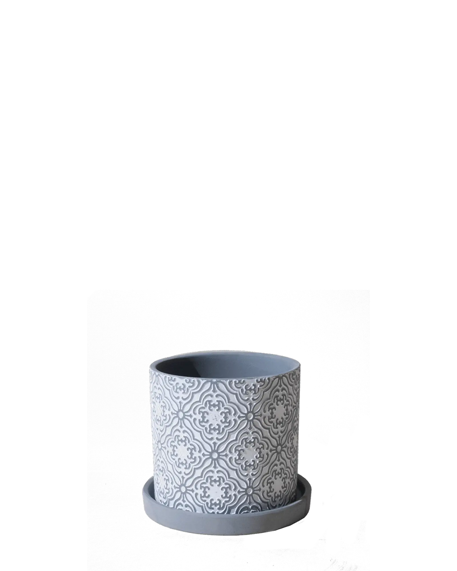 hive Balter ceramic planter in grey with an embossed medallion tile pattern and matching saucer.