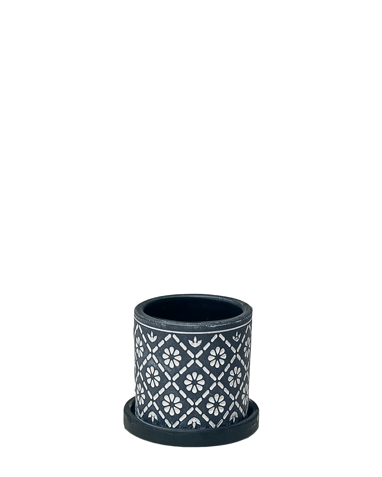 Chive Balter ceramic planter in dark navy with an embossed white floral tile pattern and saucer.