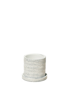 Chive Balter white leaves ceramic planter with an embossed herringbone leaf pattern and matching saucer.