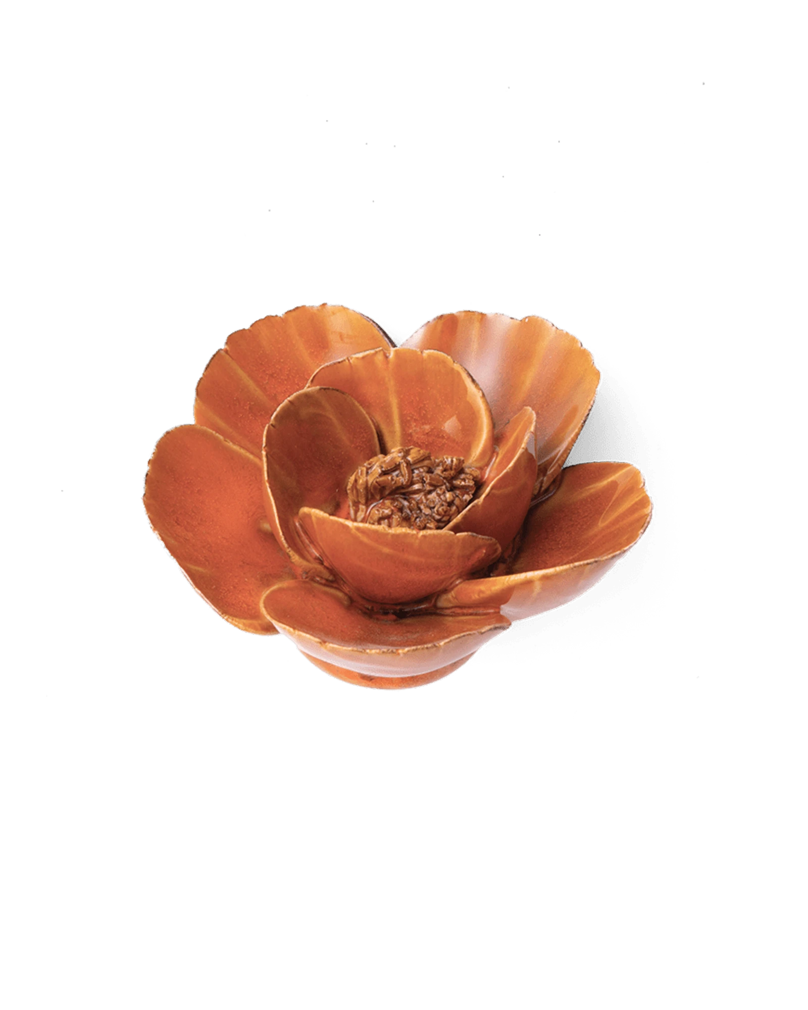 Chive August Birth Flower Poppy burnt orange ceramic flower side view showing petal depth and glossy glazed finish.