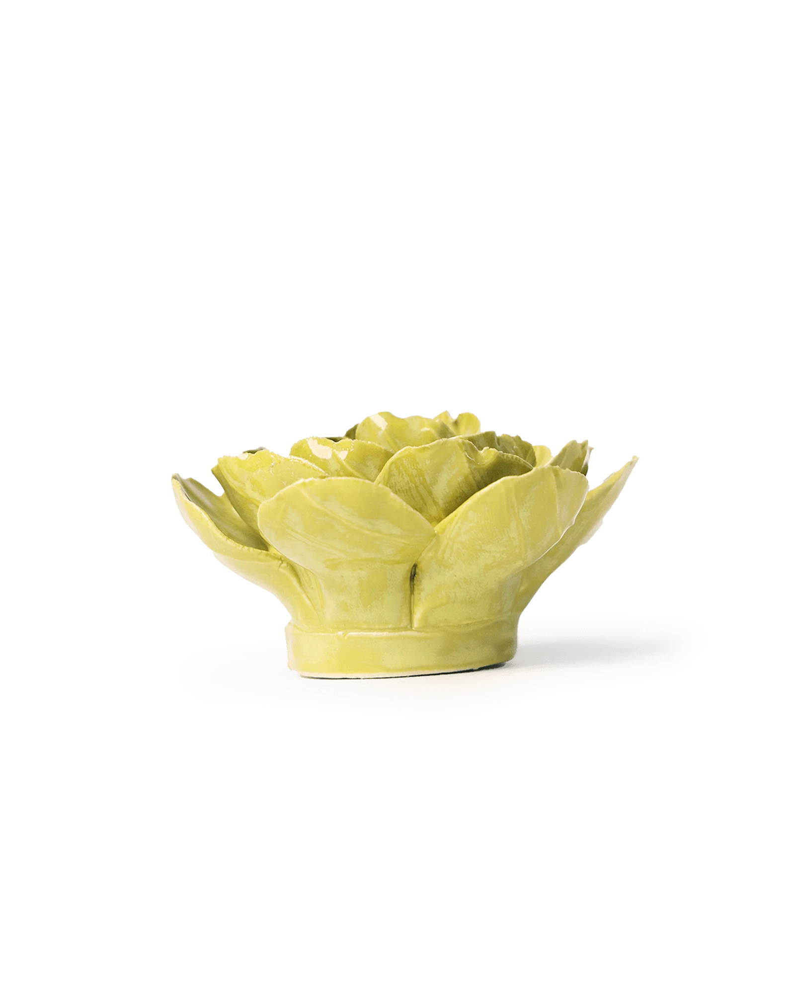 Chive February Birth Flower Primrose chartreuse ceramic flower side view showing petal depth and glossy glazed finish.