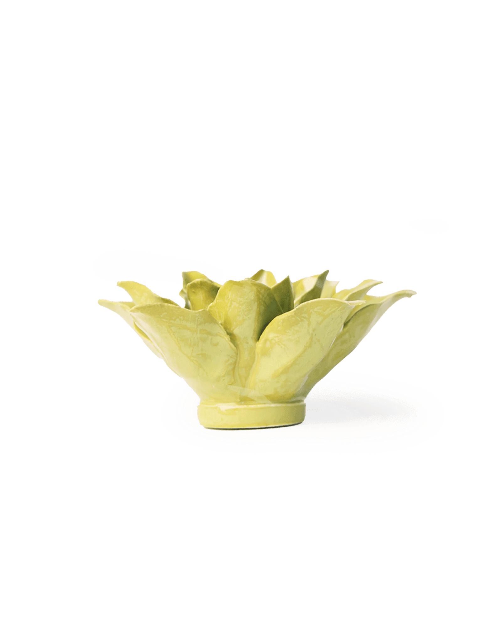 Chive July Birth Flower Water Lily chartreuse ceramic flower side view showing petal depth and glossy glazed finish.