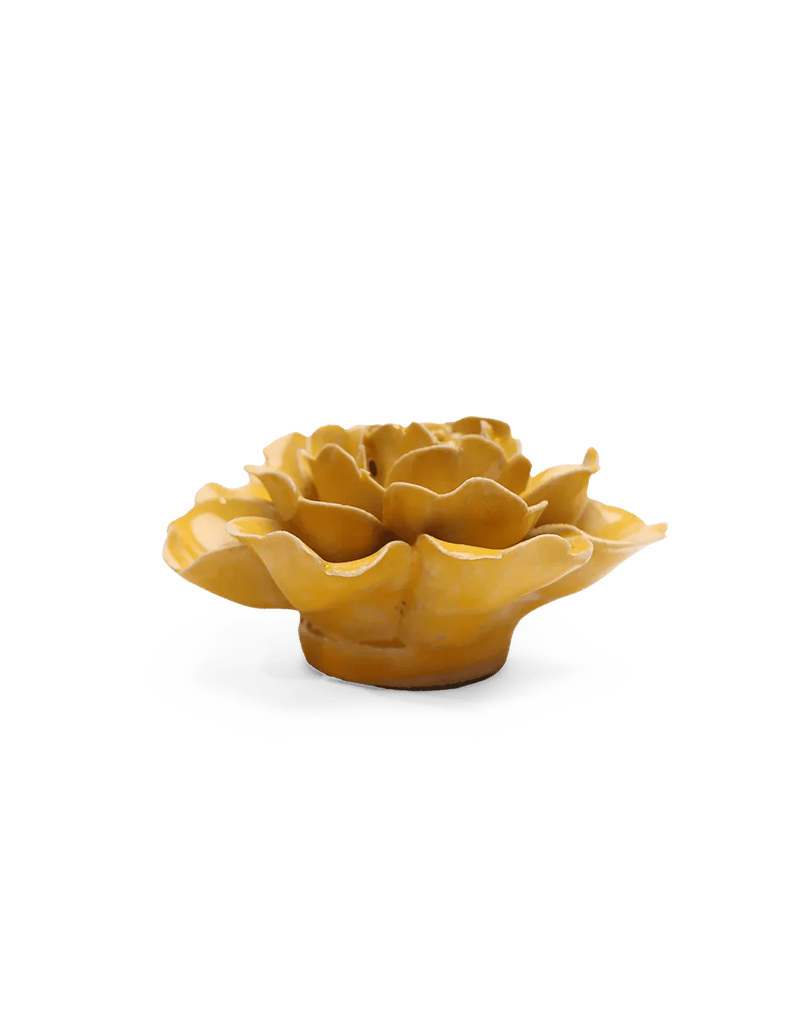 Chive June Birth Flower Rose burnt yellow ceramic flower side view showing petal depth and glossy glazed finish.