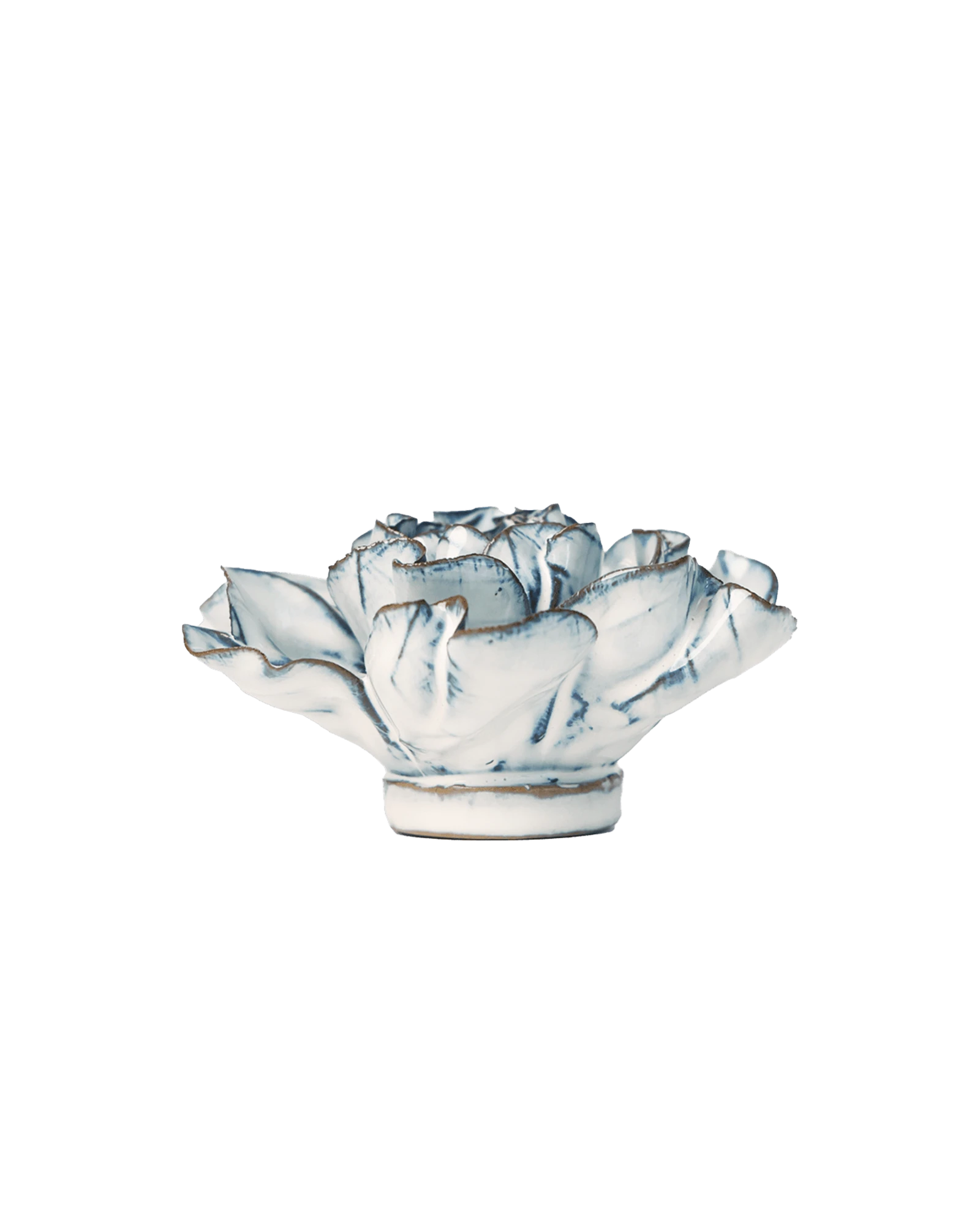 Chive May Birth Flower Hawthorn blue white ceramic flower side view showing petal depth and glossy glazed finish.