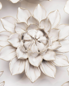 Close-up of the Chive September Birth Flower Aster ivory ceramic flower among assorted Chive ceramic flowers.