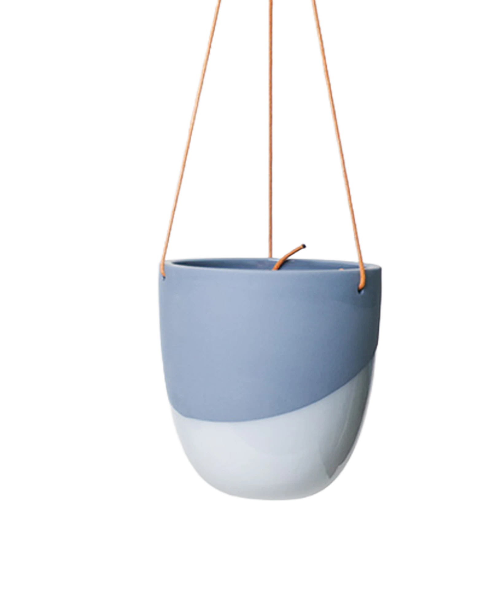 Chive Bobbin blue grey porcelain hanging planter pot with no drainage showing two toned color finish.