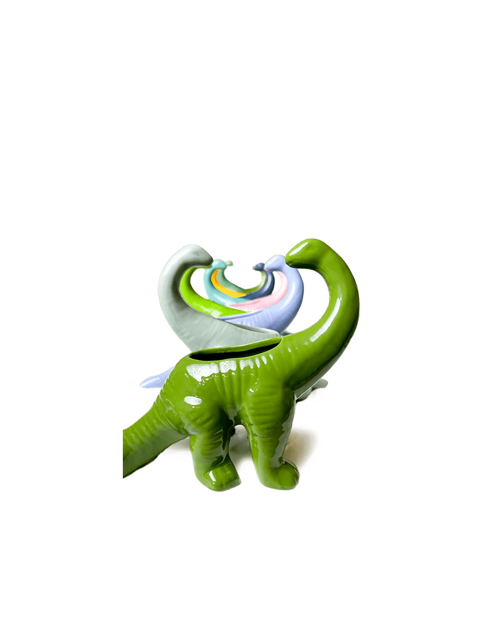 Chive Brontosaurus glazed ceramic dinosaur shaped succulent planters in multiple colors.