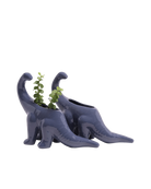 Two Chive Brontosaurus Blue Stone color glazed ceramic dinosaur shaped planters styled with a plant.