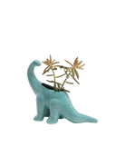 Chive Brontosaurus Cascade teal color glazed ceramic dinosaur shaped planter styled with a plant.