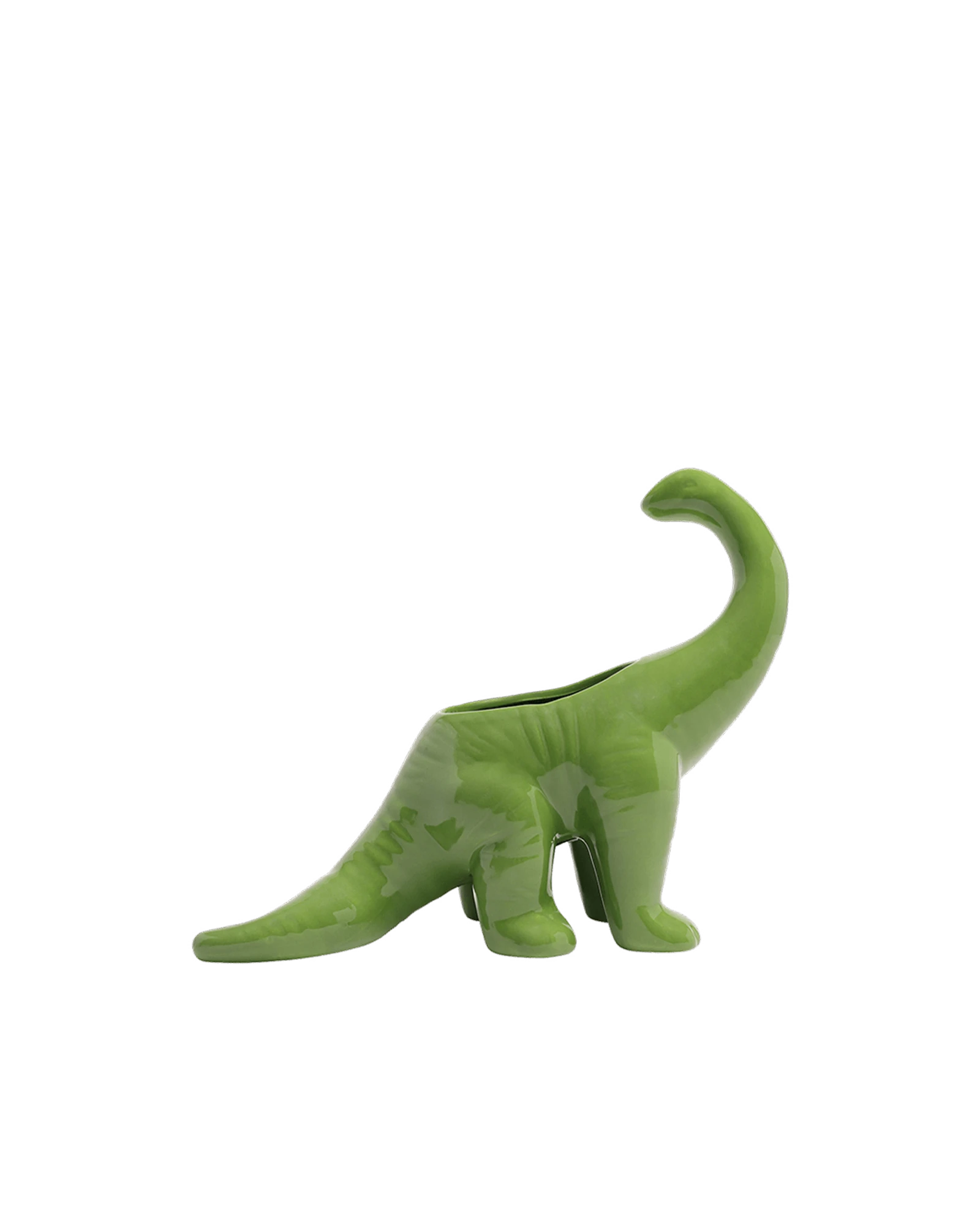 Chive Brontosaurus Foliage green color ceramic dinosaur shaped succulent planter with no drainage.