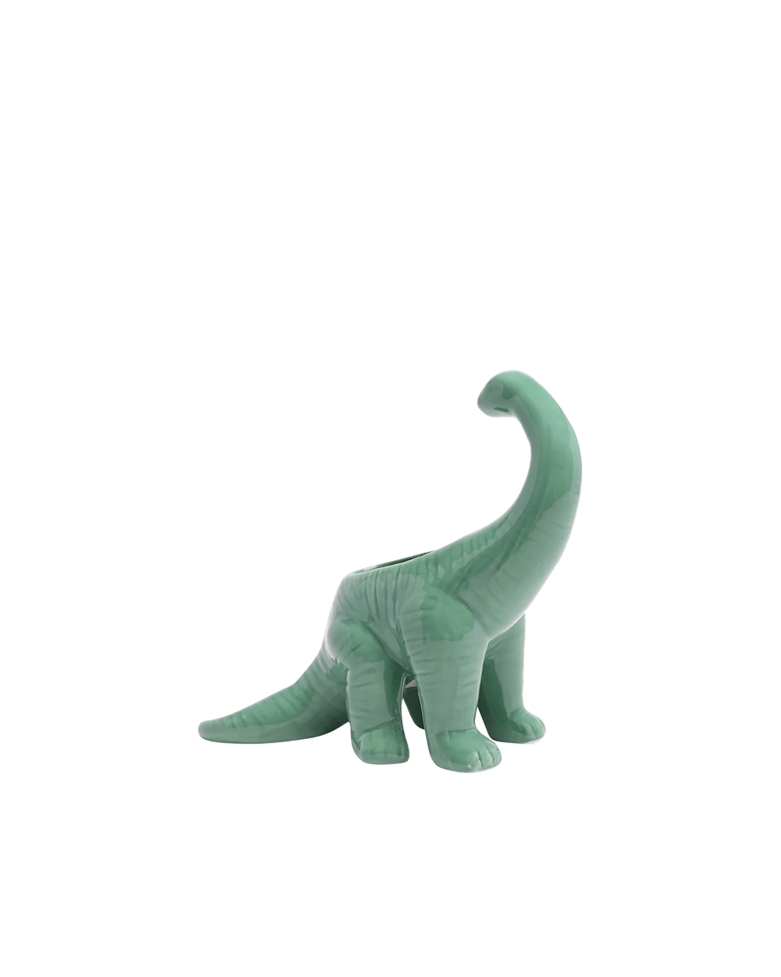 Chive Brontosaurus Granite Green color ceramic dinosaur shaped succulent planter with no drainage.