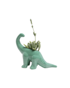 Chive Brontosaurus Granite Green color glazed ceramic dinosaur shaped planter styled with a succulent.
