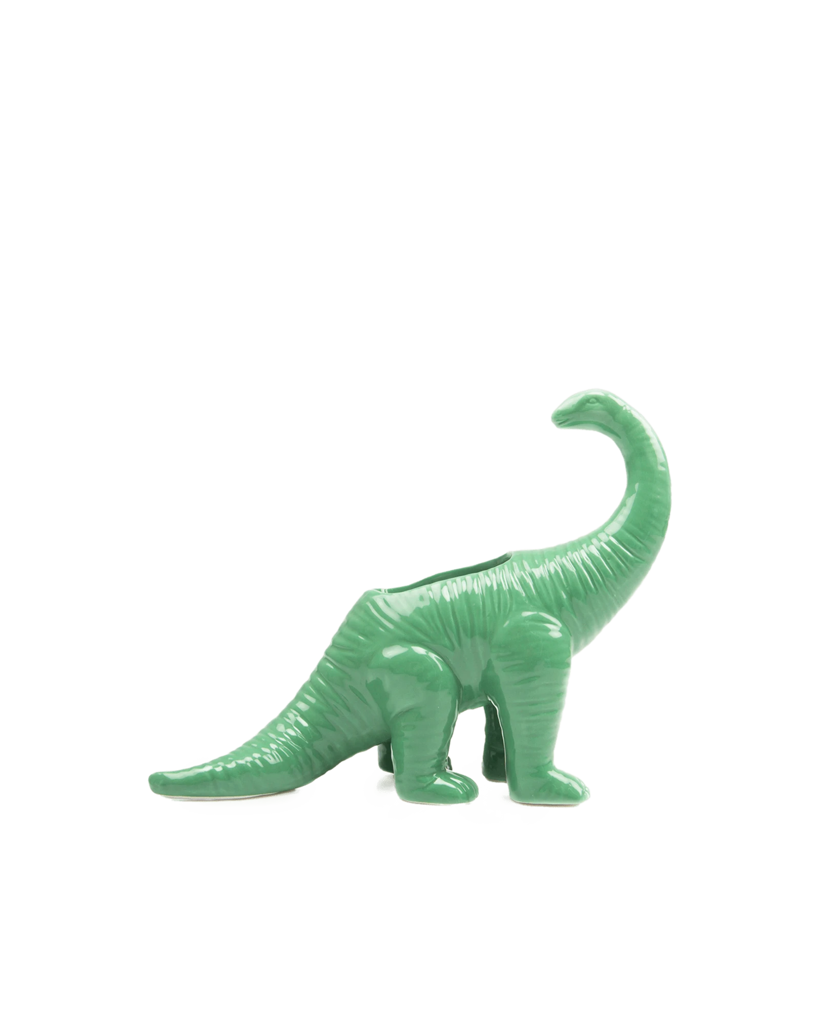 Chive Brontosaurus green ceramic dinosaur shaped succulent planter with no drainage.