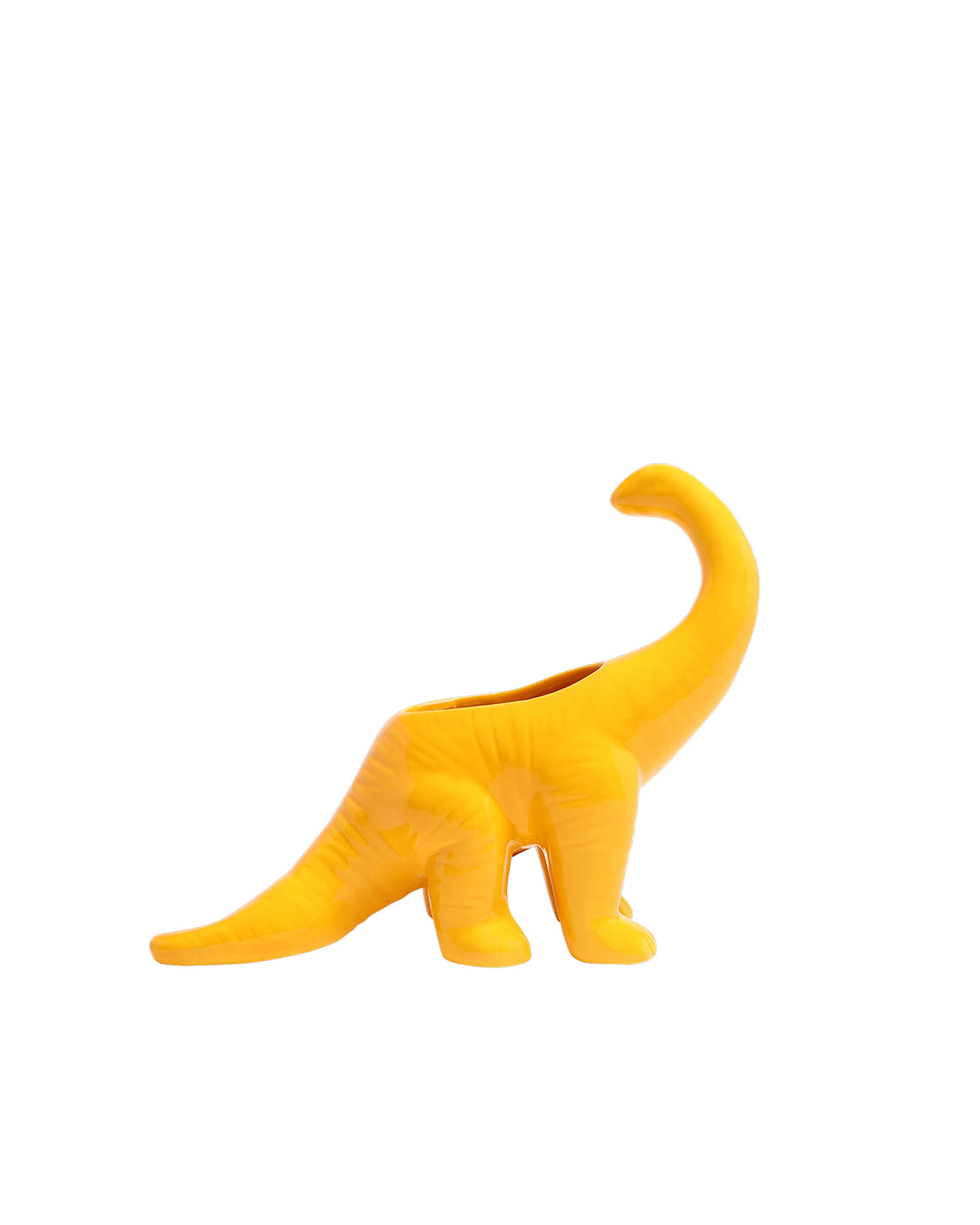 Chive Brontosaurus Lemon Chrome yellow color ceramic dinosaur shaped succulent planter with no drainage.