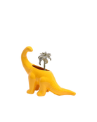 Chive Brontosaurus Lemon Chrome yellow color glazed ceramic dinosaur shaped planter styled with a succulent.