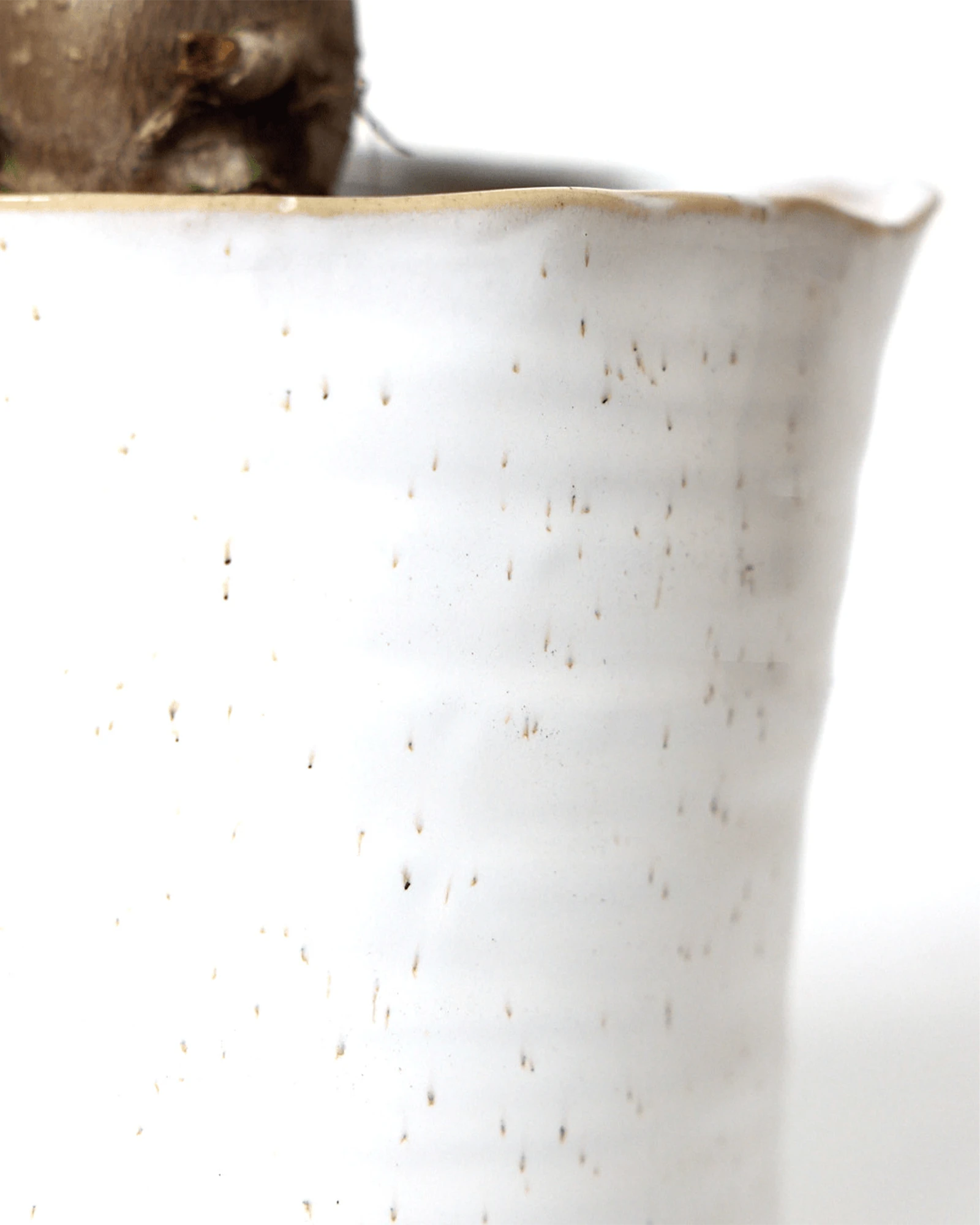 Close-up of the speckles pattern and uneven rim on a Chive Channa white speckles ceramic medium pot.
