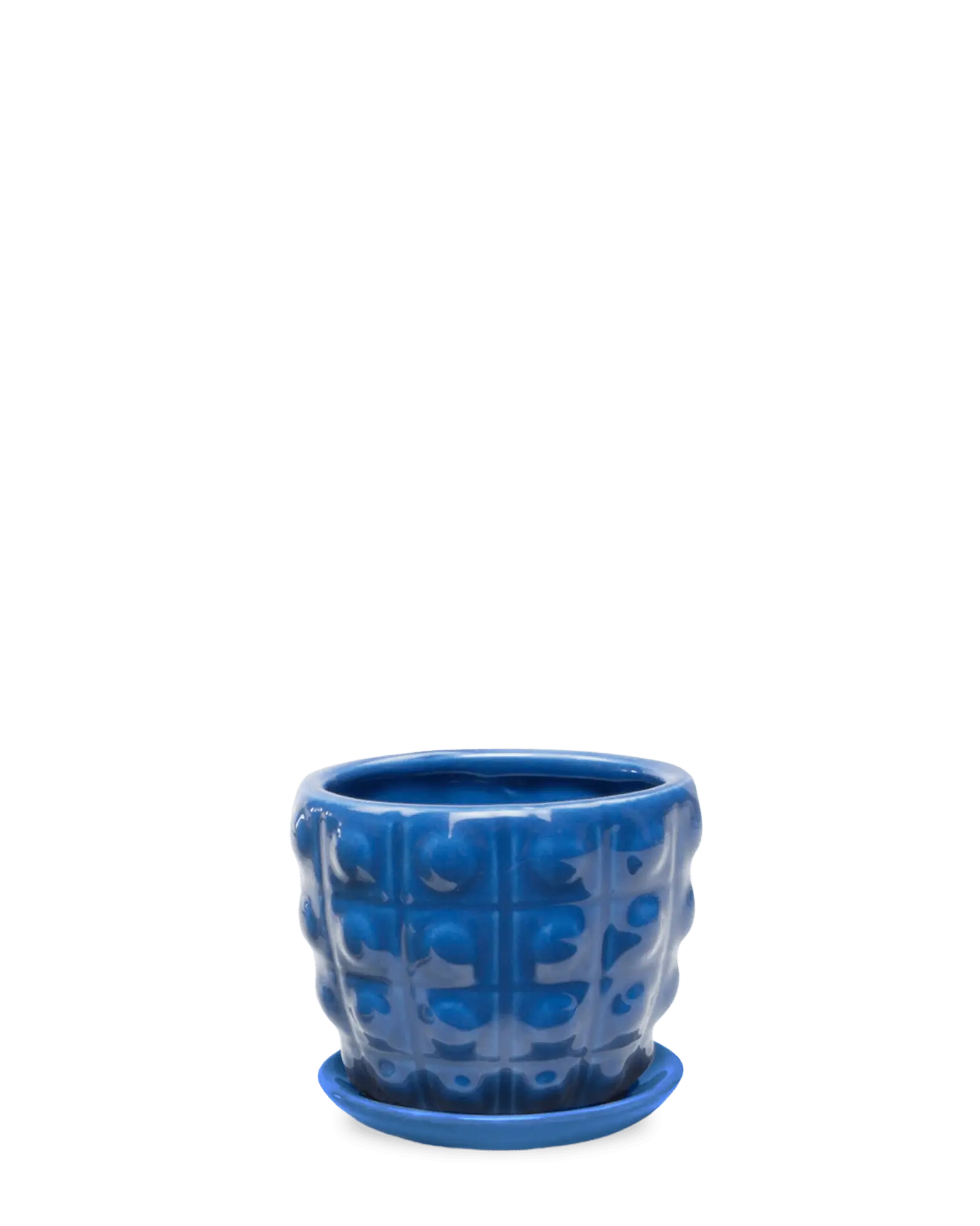 Chive Convex cobalt fully glazed bubble-textured ceramic medium planter with saucer.