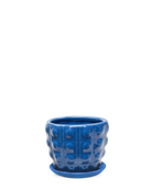 Chive Convex cobalt fully glazed bubble-textured ceramic medium planter with saucer.