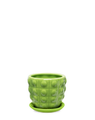Chive Convex green fully glazed bubble-textured ceramic medium planter with saucer.