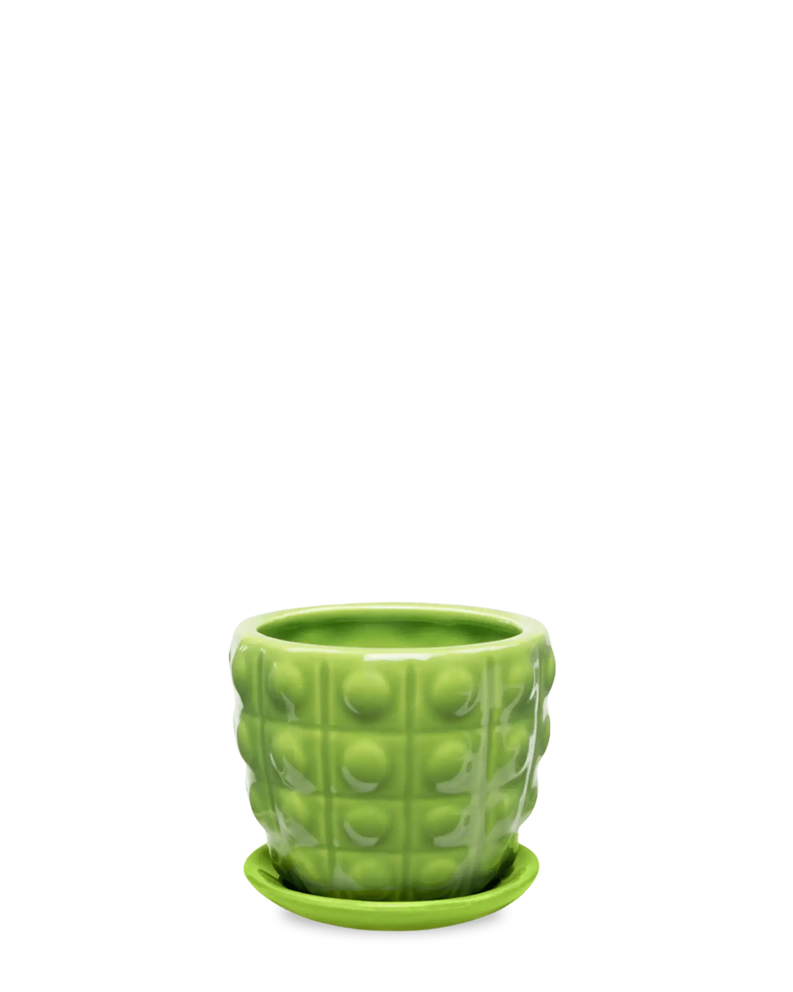 Chive Convex green fully glazed bubble-textured ceramic medium planter with saucer.