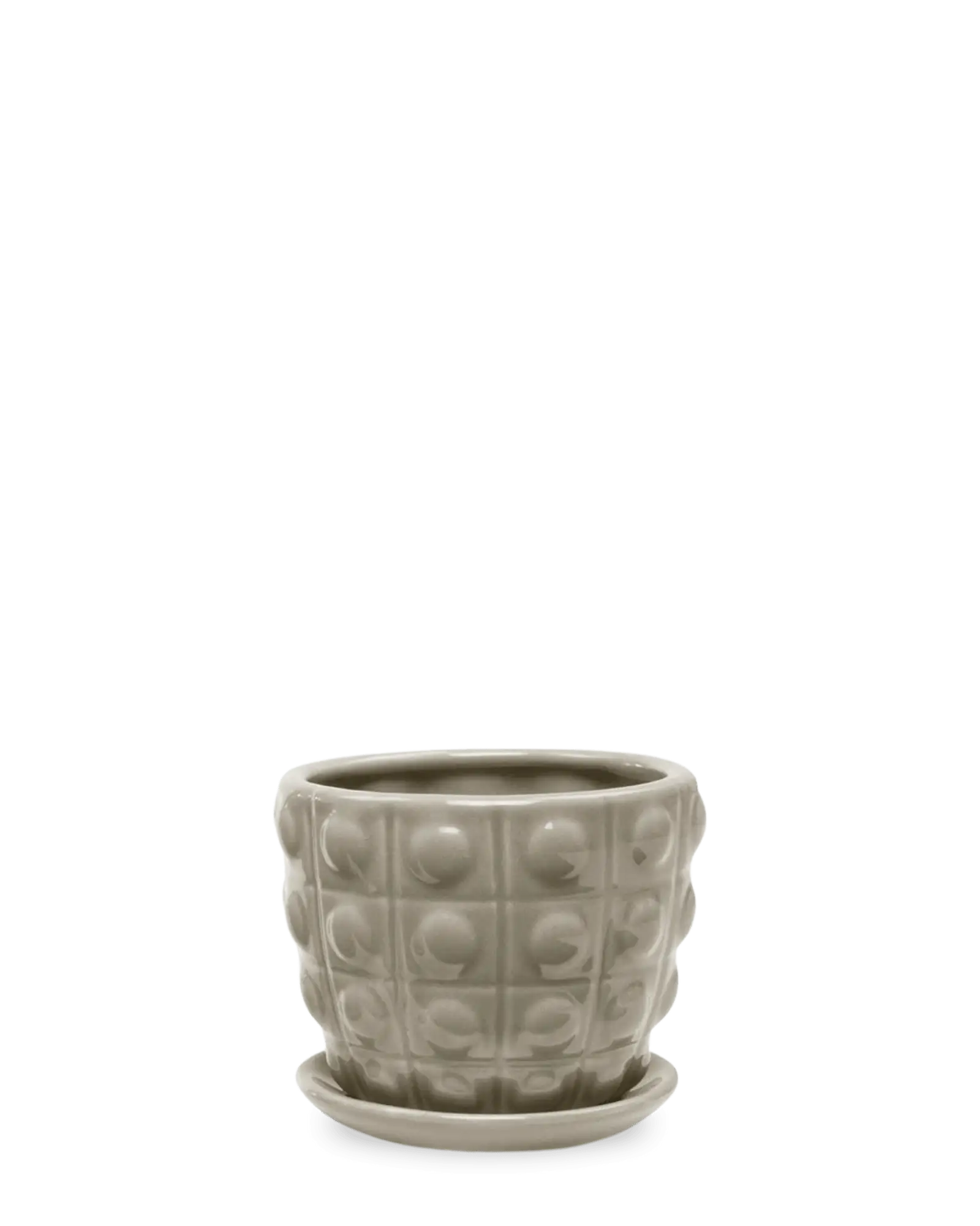 Chive Convex grey fully glazed bubble-textured ceramic medium planter with saucer.