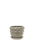 Chive Convex grey fully glazed bubble-textured ceramic medium planter with saucer.