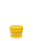 Chive Convex yellow fully glazed bubble-textured ceramic medium planter with saucer.