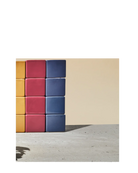 Chive Cube glazed ceramic mini square planters stacked in goldenrod, pink, and blue.