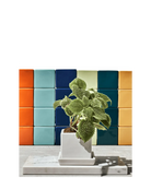 Chive Cube Saucer white ceramic planter on a marble surface with a colourful wall of Cube pots behind.