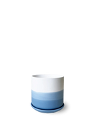 Chive Devo ceramic medium planter with ombre white to blue gradient finish and saucer.