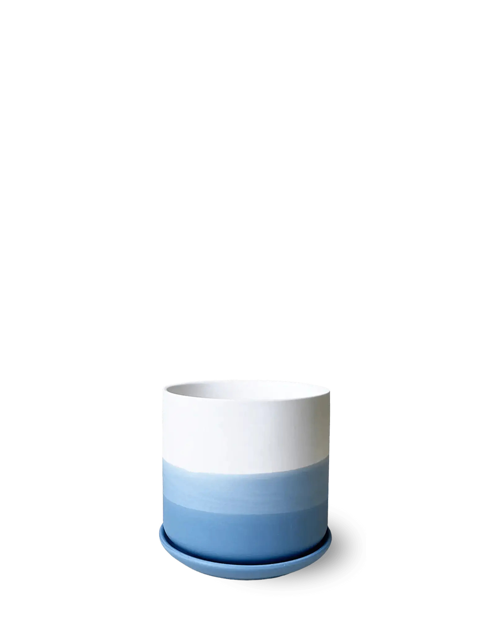 Chive Devo ceramic medium planter with ombre white to blue gradient finish and saucer.