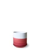 Chive Devo ceramic medium planter with ombre white to raspberry gradient finish and saucer.